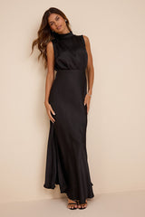 Classic Elegance Black Satin Sleeveless Mock Neck Maxi Dress