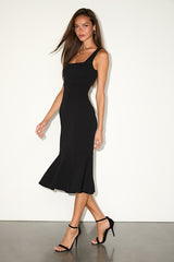 Moment Maker Black Square Neck Trumpet Midi Dress