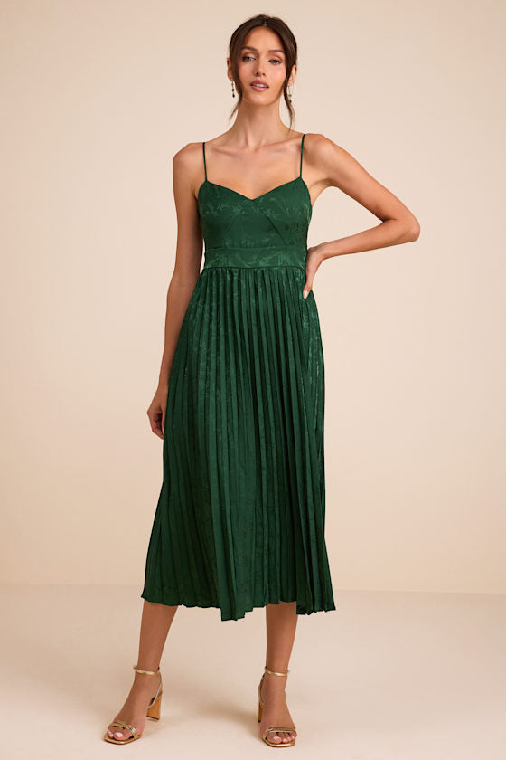Regal Romance Emerald Floral Jacquard Pleated Satin Midi Dress