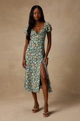 Meadow Muse Green Floral Tie-Back Puff Sleeve Midi Dress