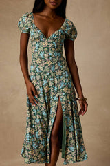 Meadow Muse Green Floral Tie-Back Puff Sleeve Midi Dress