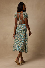Meadow Muse Green Floral Tie-Back Puff Sleeve Midi Dress