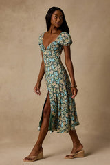Meadow Muse Green Floral Tie-Back Puff Sleeve Midi Dress
