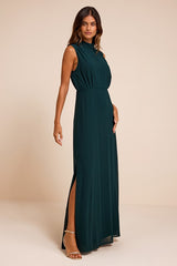 Classic Elegance Emerald Chiffon Sleeveless Mock Neck Maxi Dress