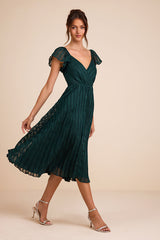 Standout Sophistication Emerald Lurex Flutter Sleeve Midi Dress