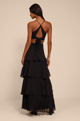 Tier and Now Black Tie-Back Tiered Maxi Dress