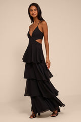Tier and Now Black Tie-Back Tiered Maxi Dress
