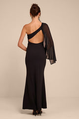 Majestic Attitude Black Cape Sleeve One-Shoulder Maxi Dress