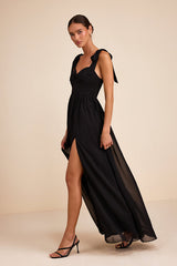 Radiant Charisma Black Chiffon Ruched Tie-Strap Maxi Dress
