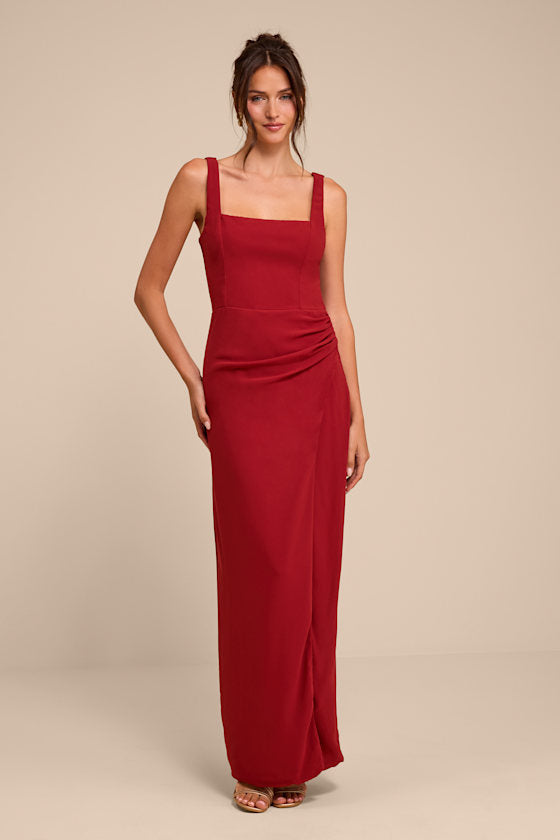 Glamorous Disposition Rust Ruched Maxi Dress