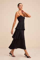 Cascading Crush Black Tiered Bustier Midi Dress
