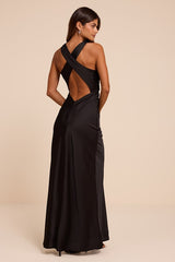 Effortlessly Sensational Black Satin Backless Maxi Dress