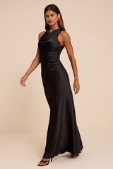 Effortlessly Sensational Black Satin Backless Maxi Dress