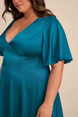 Elegant Confidence Teal Satin Flutter Sleeve Cutout Maxi Dress