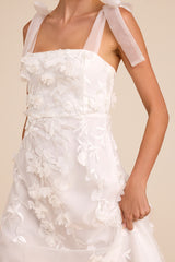 Effortlessly Sweet White Tulle 3D Floral Tie-Strap Midi Dress