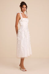 Effortlessly Sweet White Tulle 3D Floral Tie-Strap Midi Dress
