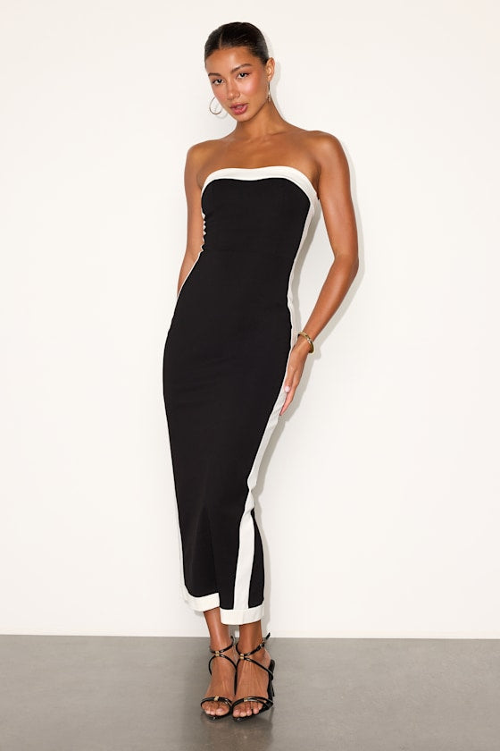 Impressive Edge Black Color Block Strapless Midi Dress