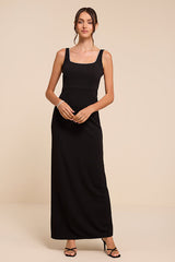 Timeless Poise Black Rhinestone Square Neck Backless Maxi Dress