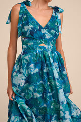 Flowering Day Dream Teal Blue Floral Organza Midi Bubble Dress
