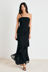Dramatic Allure Black Ruffled Cutout Strapless Maxi Dress