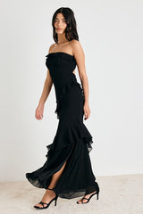 Dramatic Allure Black Ruffled Cutout Strapless Maxi Dress