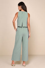 Breezy Sophistication Sage Green Textured Wide-Leg Jumpsuit