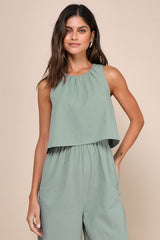 Breezy Sophistication Sage Green Textured Wide-Leg Jumpsuit