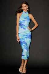 Idyllic in Ibiza Blue Abstract Print Mock Neck Halter Midi Dress