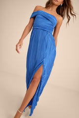 Poised Performance Blue Plisse One-Shoulder Maxi Dress