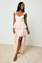 Stunning Glory Light Pink Floral Jacquard Tiered Maxi Dress