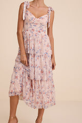 Flirtatious Radiance Blush Pink Floral Mesh Bustier Midi Dress