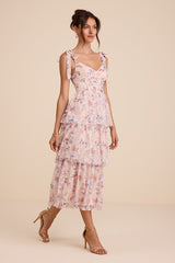 Flirtatious Radiance Blush Pink Floral Mesh Bustier Midi Dress