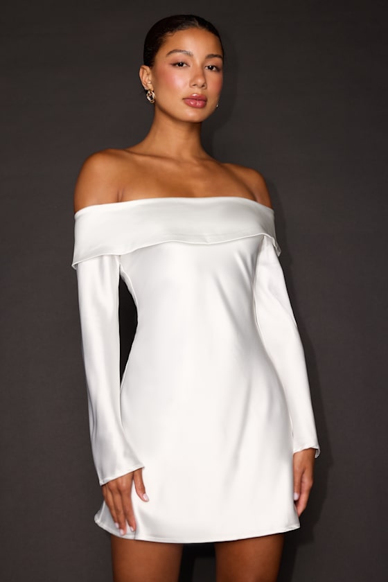 Luxurious Vision White Satin Off-the-Shoulder Mini Dress