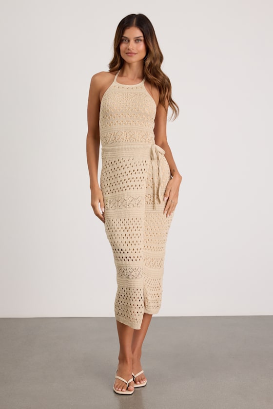 Blissful Strolls Beige Crochet Faux-Wrap Halter Midi Dress