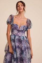 Lovely Statement Purple Floral Organza Tie-Back Midi Dress