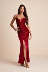 Stunning Invitation Magenta Velvet Ruched Sleeveless Maxi Dress