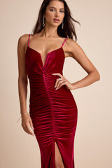 Stunning Invitation Magenta Velvet Ruched Sleeveless Maxi Dress