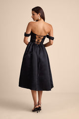 Coquette Essence Black Satin Off-the-Shoulder Lace-Up Midi Dress