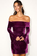 Alluring Glam Plum Velvet Off-the-Shoulder Mini Dress