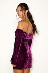 Alluring Glam Plum Velvet Off-the-Shoulder Mini Dress