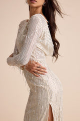 Glittery Devotion Champagne Sequin Fringe Maxi Dress