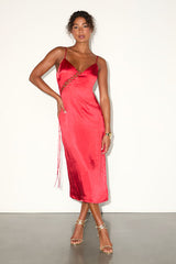 Tempting Silhouette Red Satin Lace-Up Midi Dress