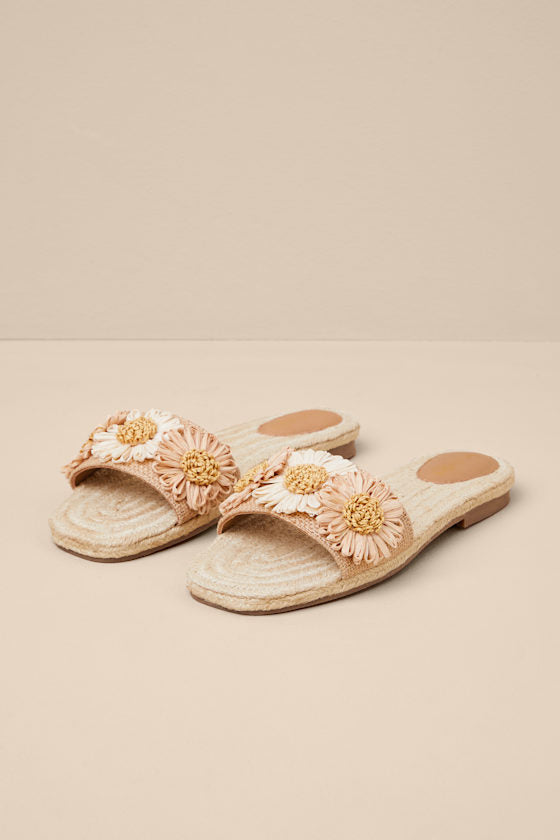 Botanical Gardens Vanilla Floral Raffia Slide Sandals