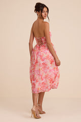 Eulalia Pink Floral Lace-Up Strapless Bustier Midi Dress