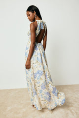 Sintra Beige and Blue Floral Pleated Backless Maxi Dress