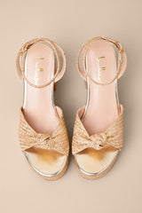 Rosamond Gold Raffia Knotted Platform High Heel Sandals