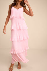 Elegant Nature Blush Pink Pleated Sleeveless Tiered Maxi Dress