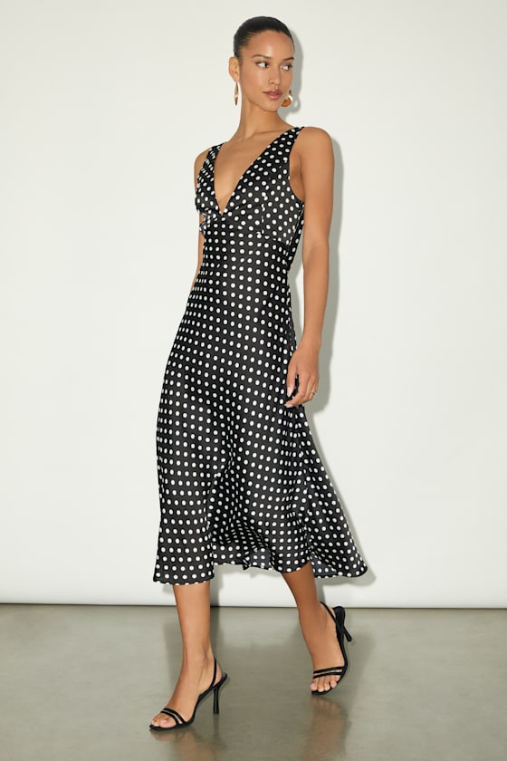 Incredible Love Black Polka Dot Satin Cowl Back Midi Slip Dress