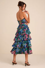 Nayha Blue Multi Floral Strapless Tiered Midi Dress