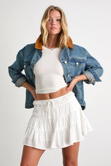 Modica Ivory Tiered Drawstring Mini Skirt